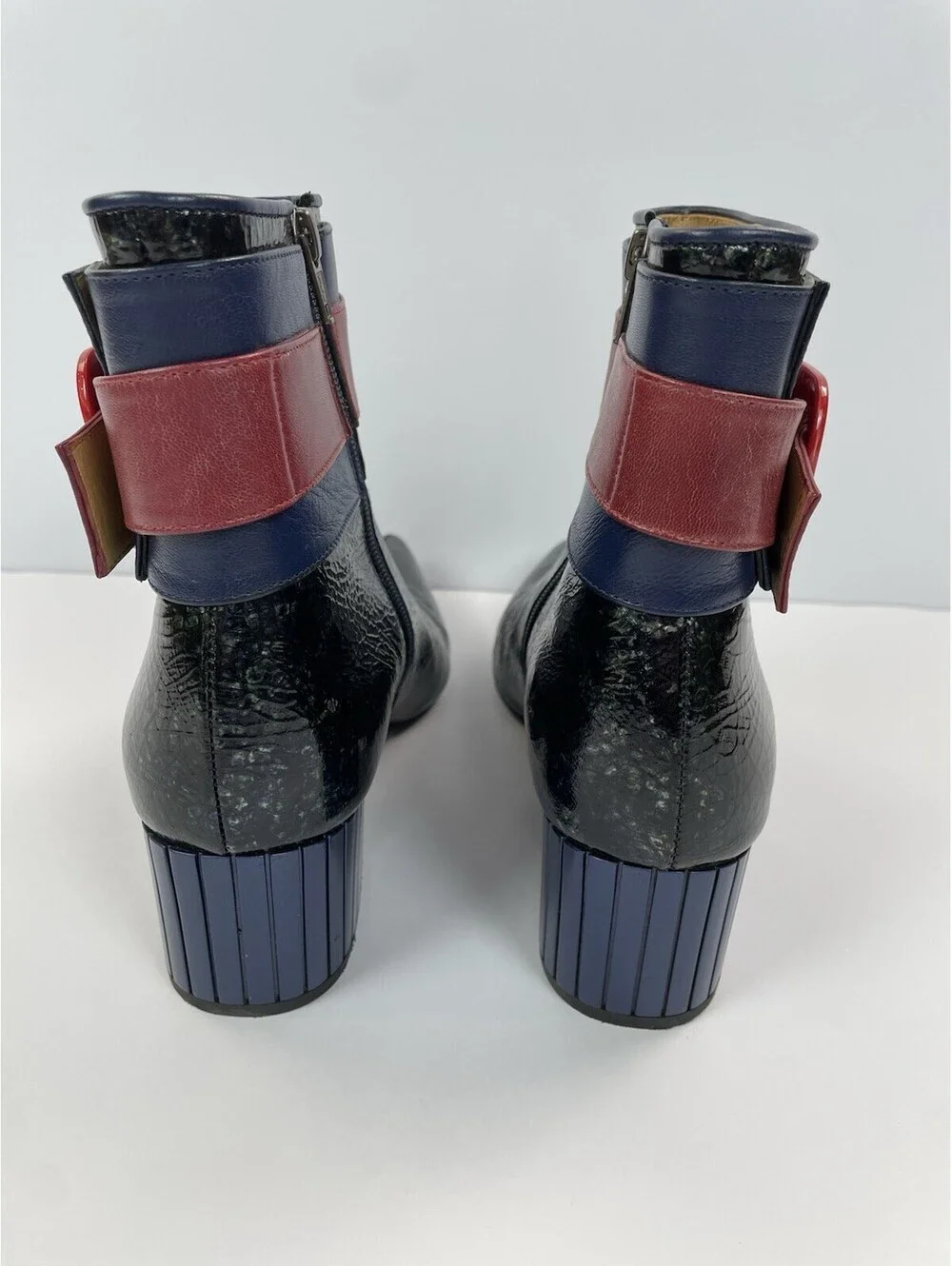 John Fluevog Effortless Miranda Boots Patent Leather Red Buckle Ankle 9.5